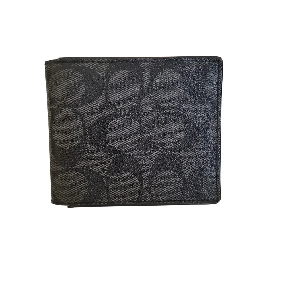 Coach Mens Bifold Wallet Signature Canvas Charcoal Grey ID Window Damaged